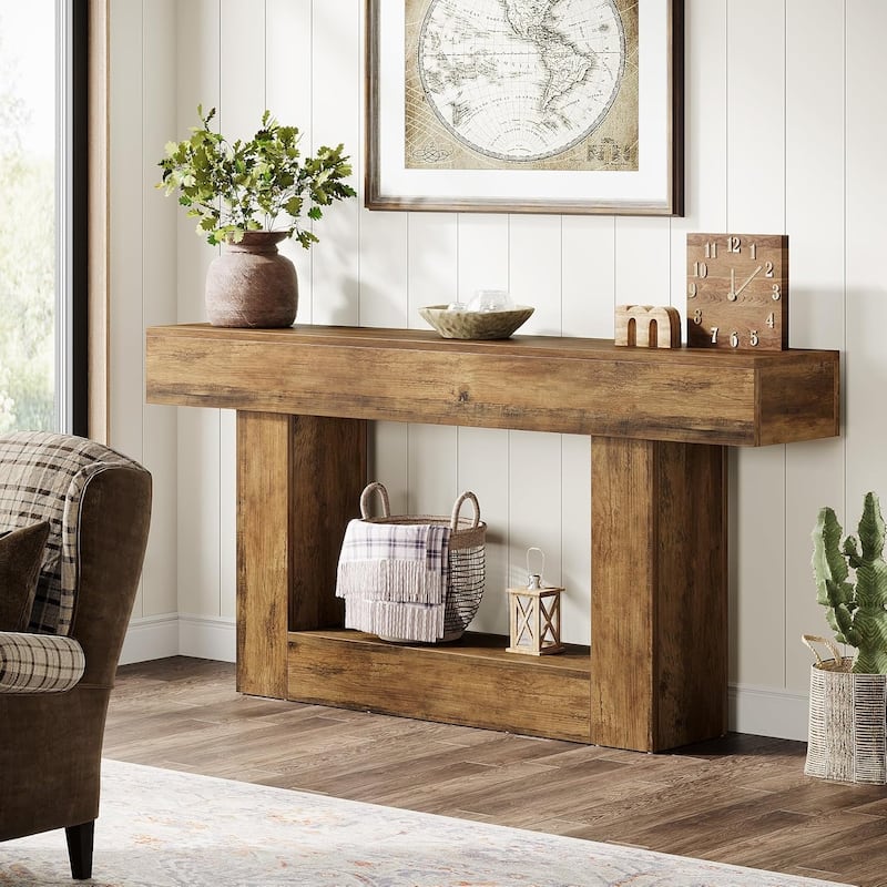 63" Long Console Table, Farmhouse 2-Tier Entryway Table with U-Shaped Base - 63" W x 11.8" D x 32.3" H