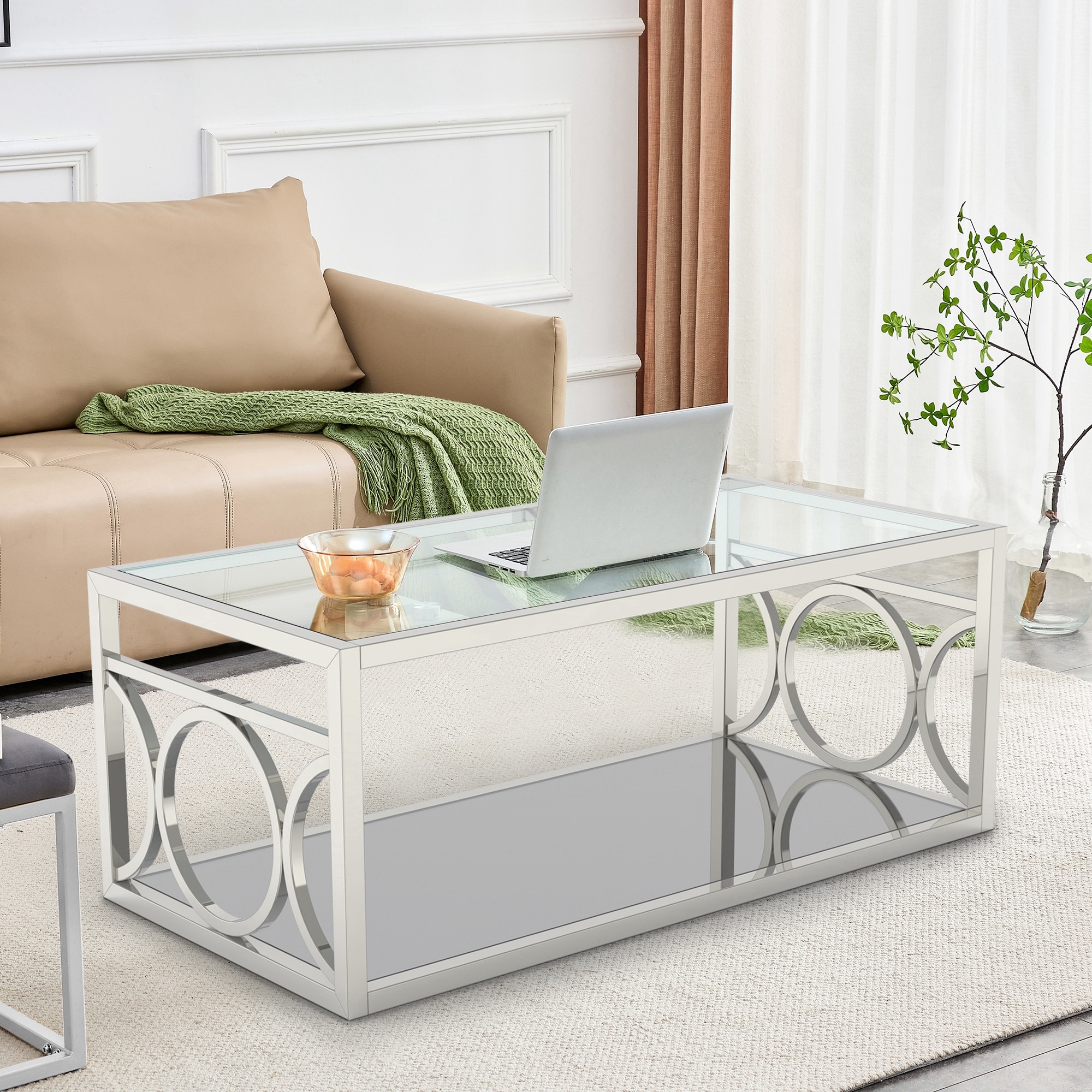 Farmhouse 47 in. Glass Shelves End Table