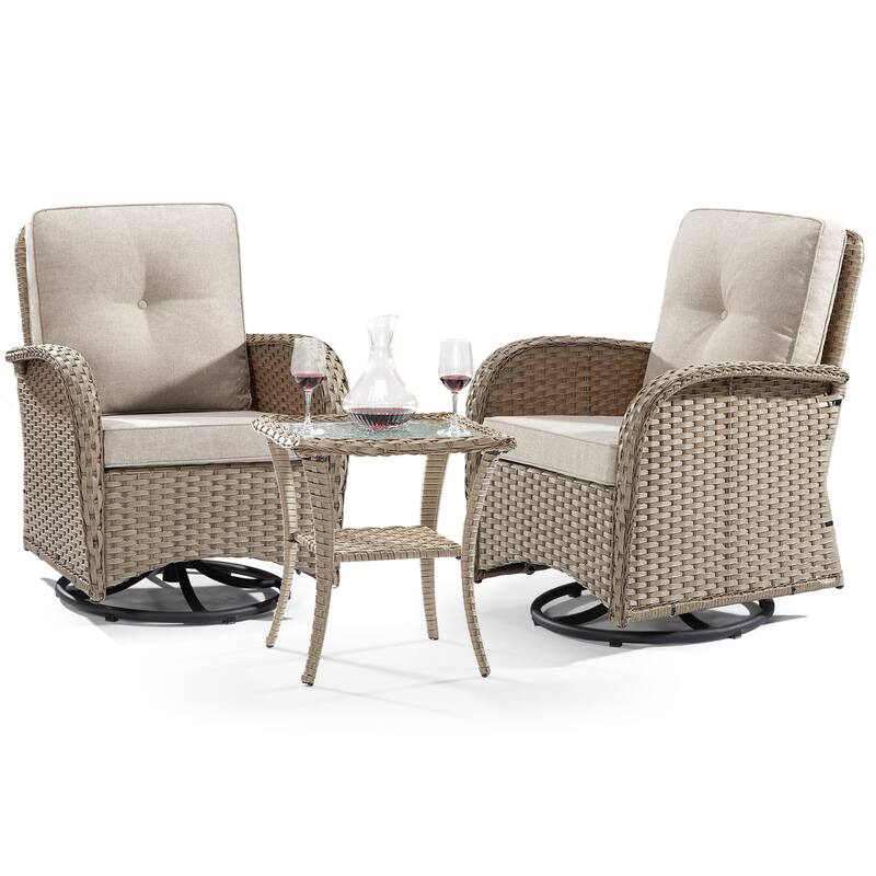 Cozywor 3-Piece Wicker Patio Swivel Outdoor Rocking Chair Conversation Set
