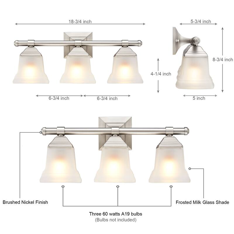 3-Light Dimmable Brushed Nickel Vanity Light Fixture