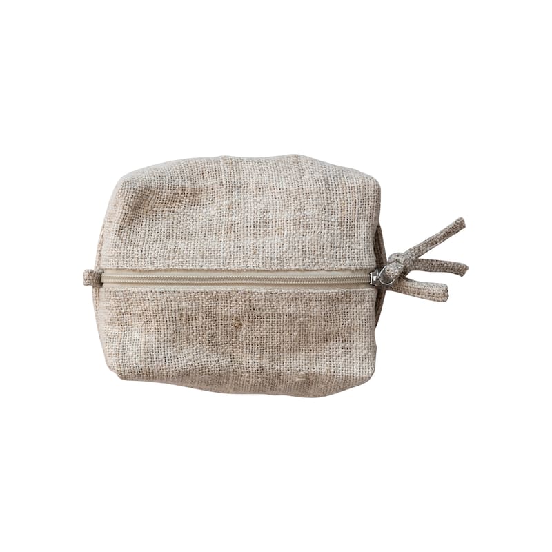 Woven Hemp Fiber Zip Pouch with Handle and Cotton Lining - 7.0"L x 5.0"W x 3.0"H
