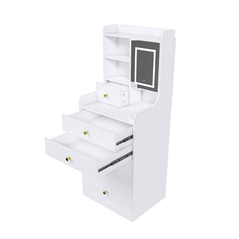 3-in-1 Dressing Table with LED Mirror & Storage Stool - Compact Makeup Vanity with 4 Drawers, Storage Cabinet & Hidden Stool