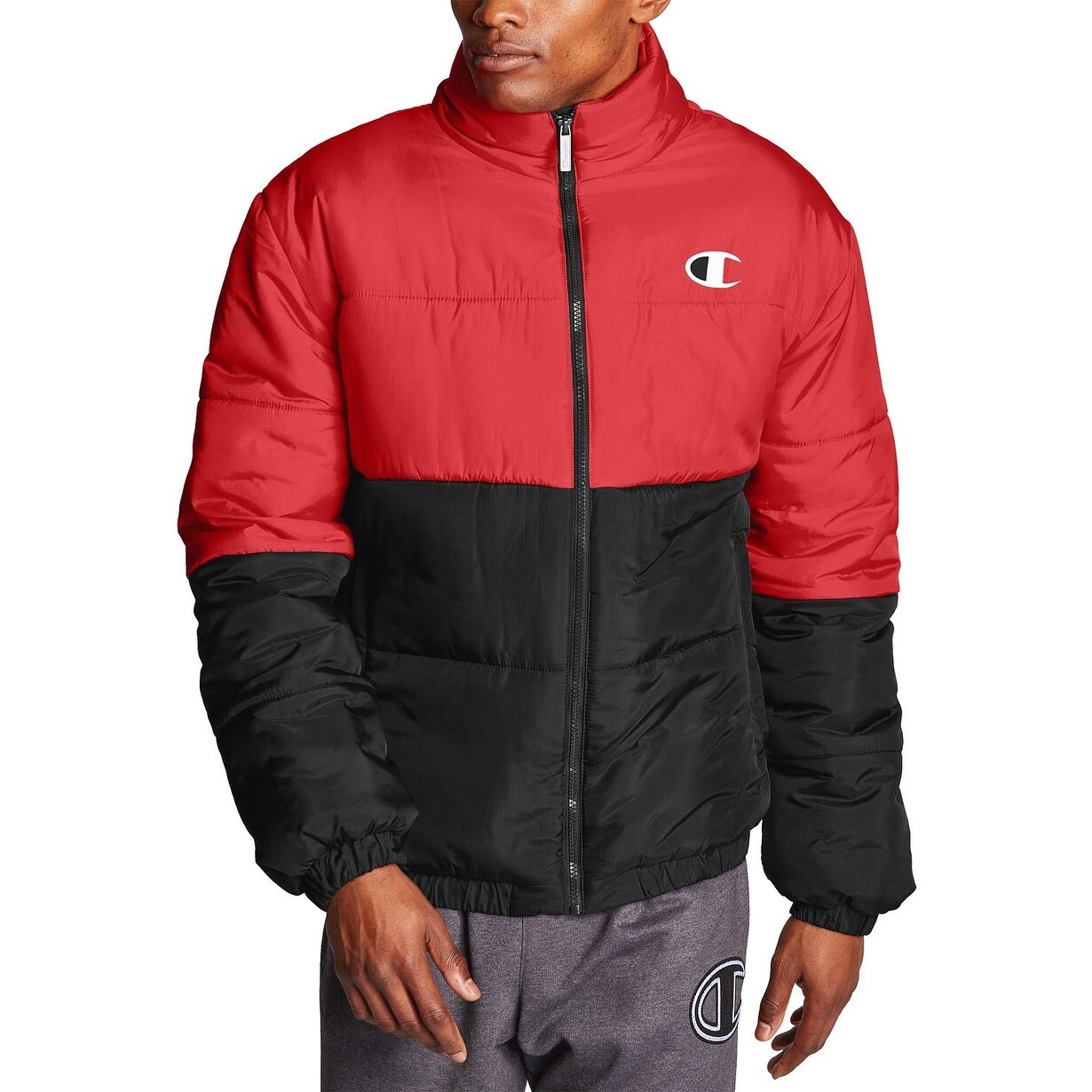 champion logo sleeve mens puffer jacket