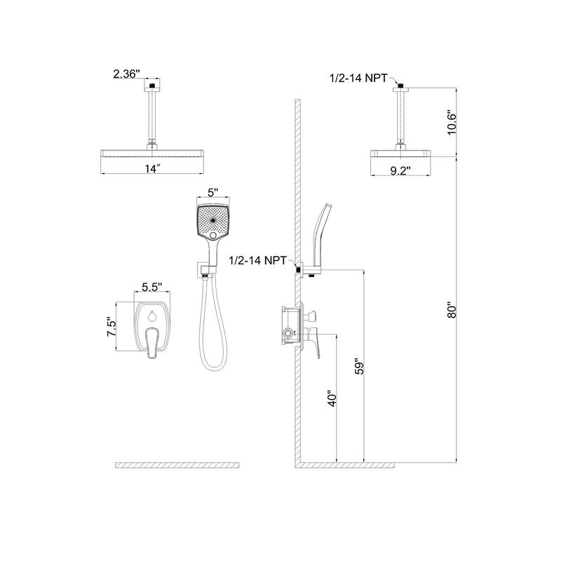 GIVINGTREE Single Handle 3 Spray 14 In.rectangular Ceiling Mounted Shower Faucet With Valve