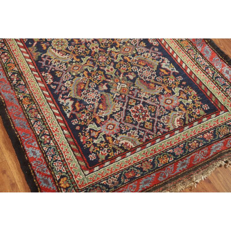 Hand Knotted Oriental 100% Wool Carpet Traditional Floral Navy Blue & Blues Malayer Runner Rug - 12' 8'' X 3' 3''