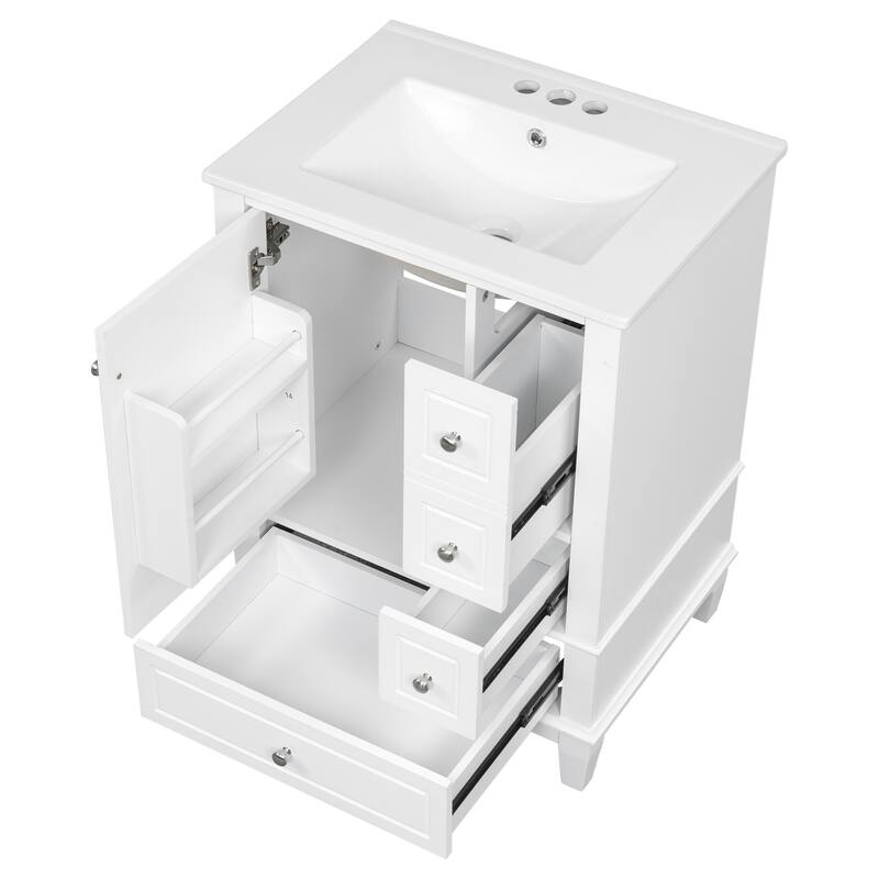 24" Bathroom Vanity with Sink and Drawers, White Freestanding Vanity Cabinet with Ceramic Top and Storage Shelves