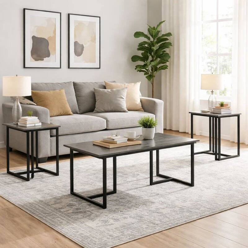 3 Piece Coffee Table Set, Rustic Brown Tabletop, Powder Coated Metal Frame
