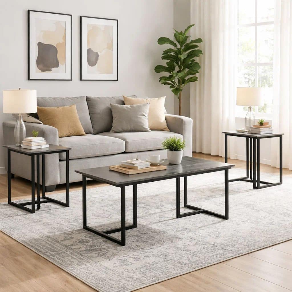 3 Piece Coffee Table Set, Rustic Brown Tabletop, Powder Coated Metal Frame