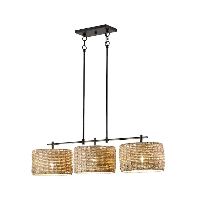 3-Light 38" Wide Modern Farmhouse Black Finish Drum Chandelier With Rattan Woven Shade