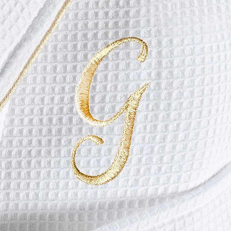 Authentic Hotel and Spa White/Gold Unisex Turkish Cotton Waffle Weave Terry Bath Robe with Gold Script Monogram - S/M - G