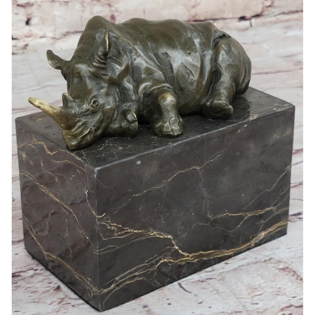 Rhinoceros Rhino Bookend Bronze Sculpture Figurine Lost Wax Casting On Marble Base