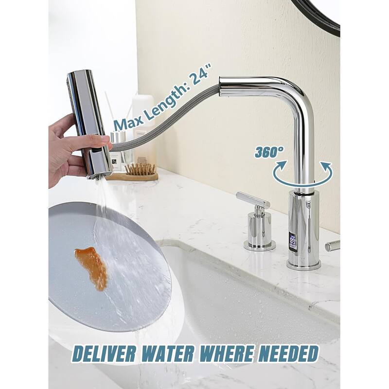 Lefton Waterfall Pull-Out Bathroom Faucet 3 Hole with Temperature Display in Fahrenheit (Battery-Free), BFWS2401