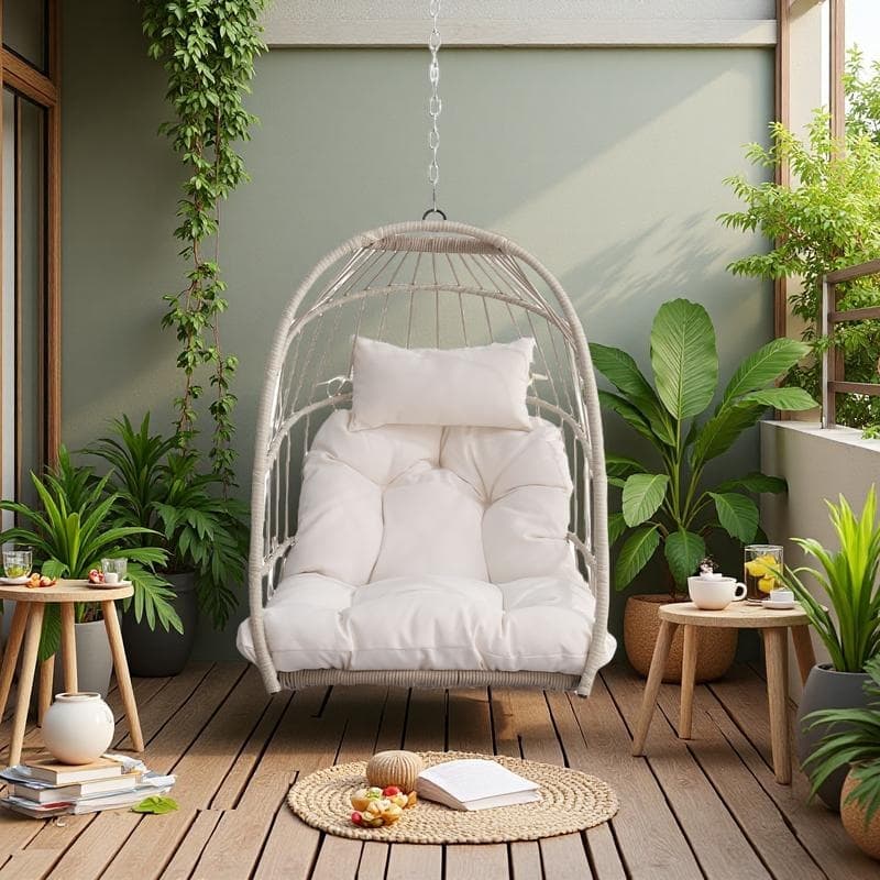 Foldable PE Wicker Hanging Chair with Removable Cushion and Weather-Resistant Design (Outdoor/Indoor Use) - White