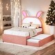 preview thumbnail 25 of 30, Twin/Full Size Upholstered Platform Bed Rabbit-Shaped Headboard with Embedded LED Lights and 3 Drawers Full - Pink