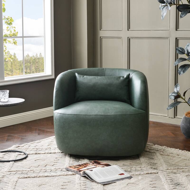 KINWELL 34" Wide Swivel Faux Leather Barrel Armchair Upholstered PU Leather Accent Chairs for Living Room Office Lounge