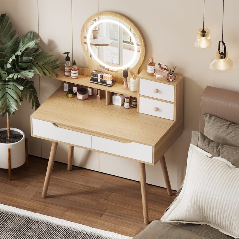 Vanity Desk with Mirror and Lights, Makeup Desk with Solid Wood Table Feet, Dressing Table Set with Drawers and Open Shelves