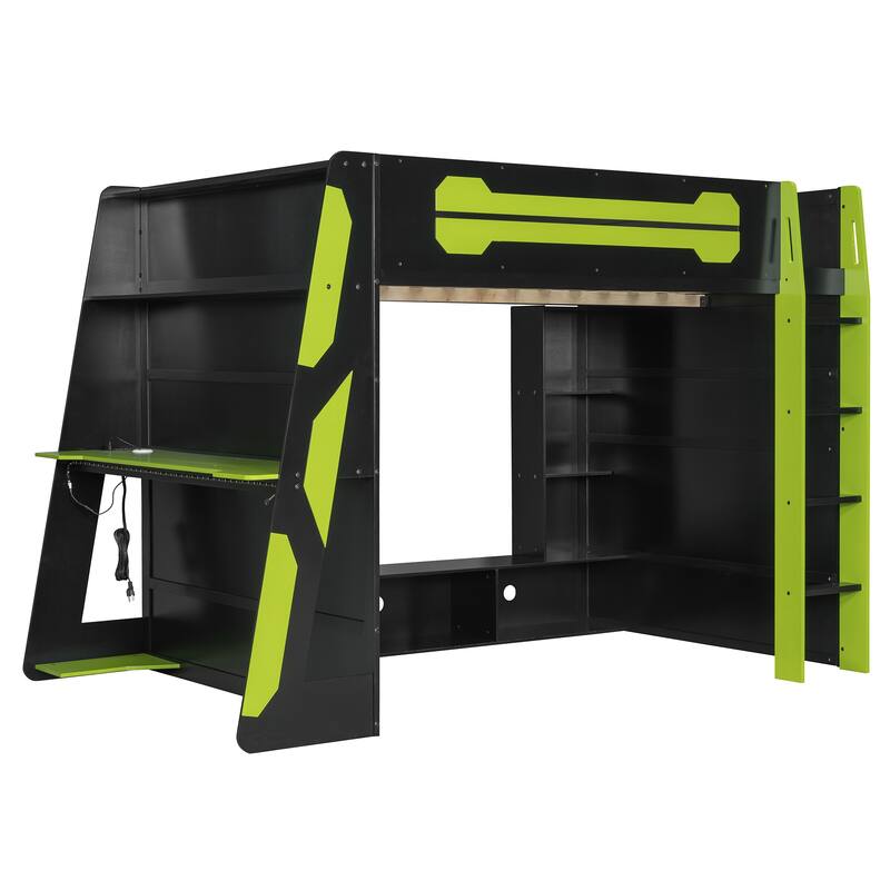 Full Size Esports Gaming Loft Bed Wood Frame Loft Bed with All-in-one Work Play Desk, Bookcase and RGB Ambient Light