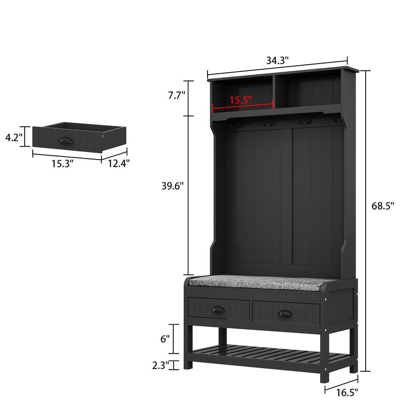 Timechee 34.3'' Wide Hall Tree with Bench and Shoe Storage