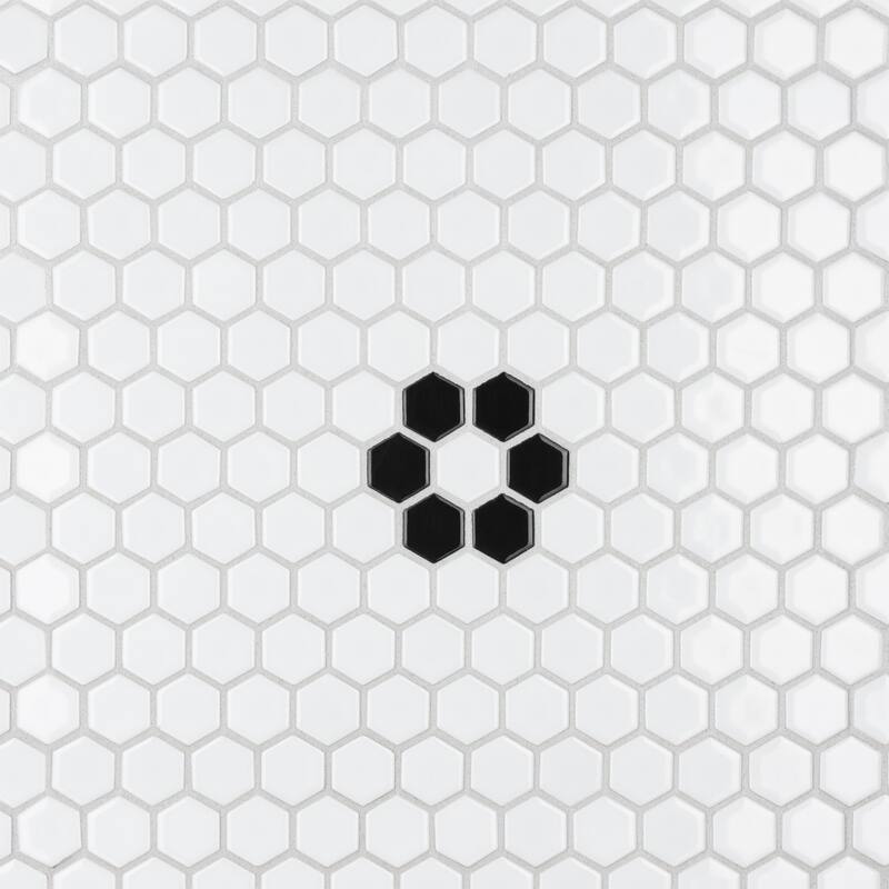 Merola Tile Metro 1" Hex Glossy White w/Single Flower 10-1/4" x 11-7/8" Porcelain Floor and Wall Tile