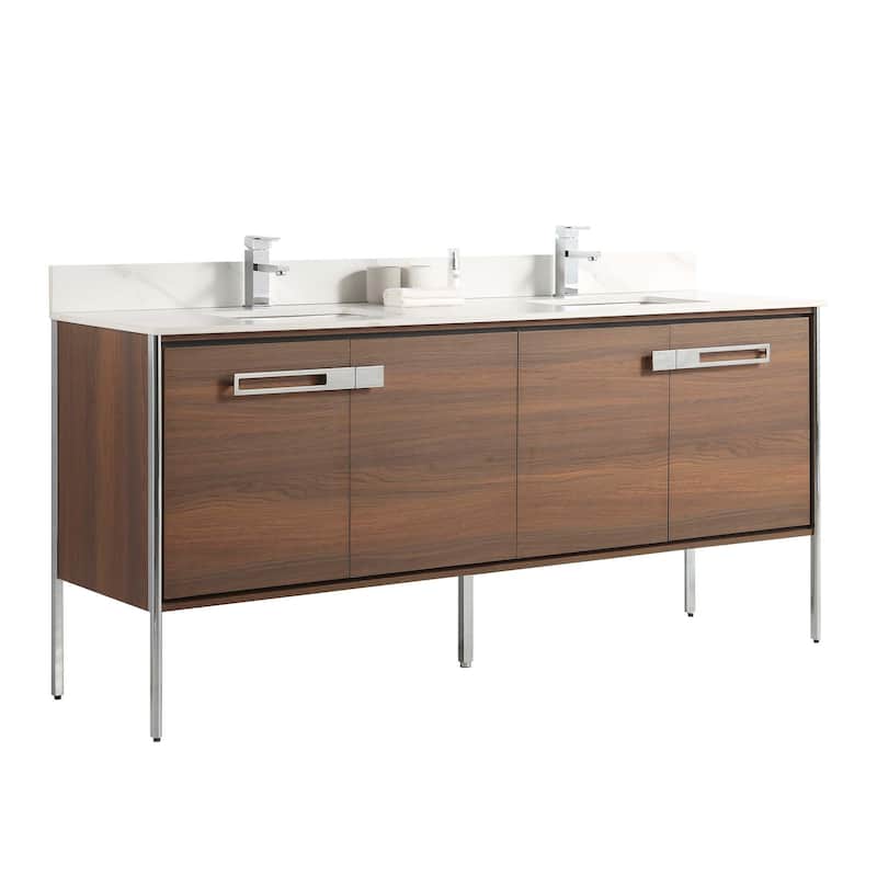 Fine Fixtures Oakville Bathroom Vanity with White Ceramic Sink - 72 Inch - Walnut Ebony - Chrome Hardware