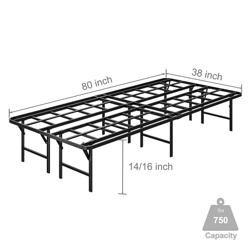 16 Inch Folding Platform Bed Frame, Black Metal Bed