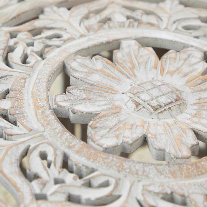 Wooden Floral Handmade Intricately Carved Coffee Table with Hollow Interior - Light Gray or Cream - Roche River Decor