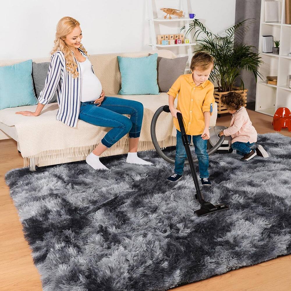 Dark Grey Furry Rug for Living Room 5x8 Non Slip Soft Shag Bed Bath