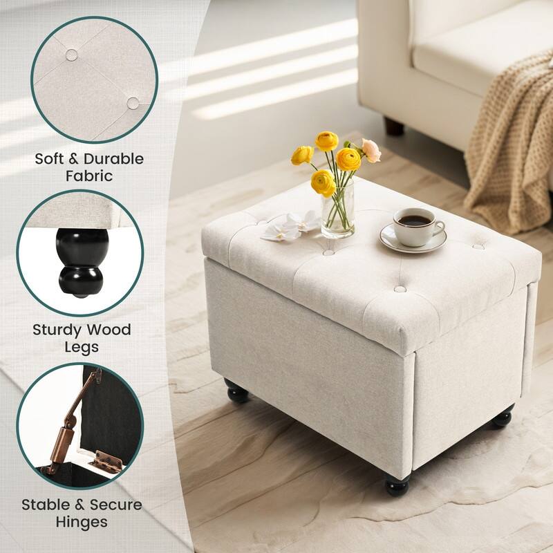 24" Faux Linen Rectangle Storage Ottoman, Shoe Stool for Entryway
