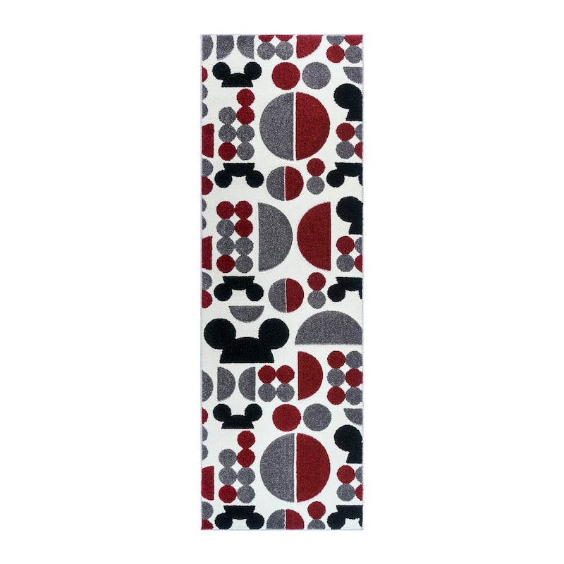 Licensed Disney Mickey Mouse Bravo Encore Modern Geometric Spheres Red/ Grey/ Ivory Indoor Area Rug Runner, 8' - 2' 6" x 8'