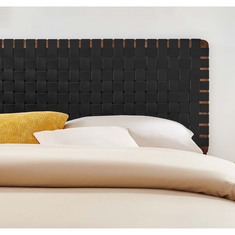 Ditmas Solid Wooden Black Leather Basket Weaved King Size Headboard
