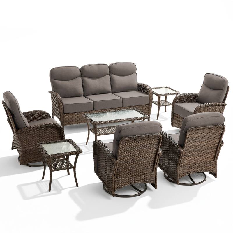 Luna 8-Piece Wicker Patio Conversation Set with Swivel Gliders and 6-Inch Thick Olefin Cushions