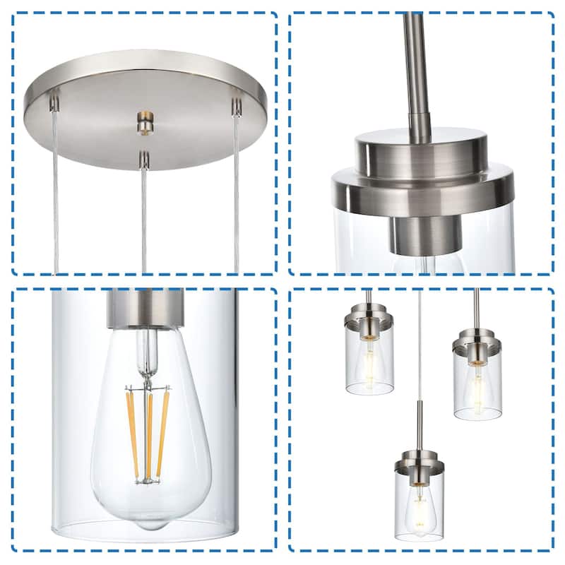 3-Light Farmhouse Brushed Nickel Pendant Lights Kitchen Island, Light Fixtures Ceiling Hanging with Clear Glass Shade