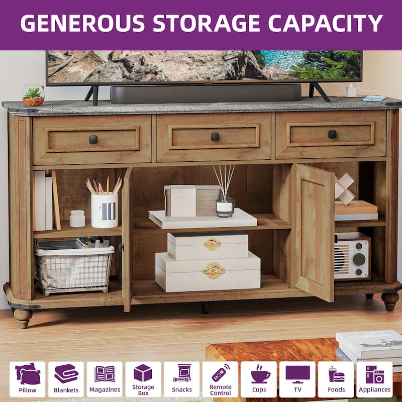 Moasis Farmhouse 59" TV Stand Media Console w/Shelves, Antique Entertainment Center with 3 Drawers