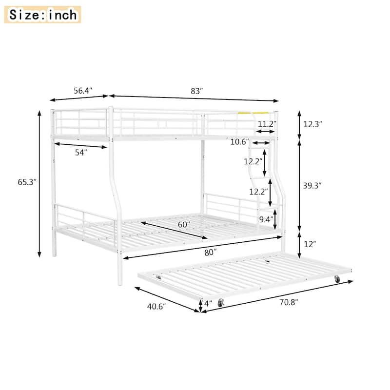Full XL Over Queen Metal Bunk Bed with Trundle