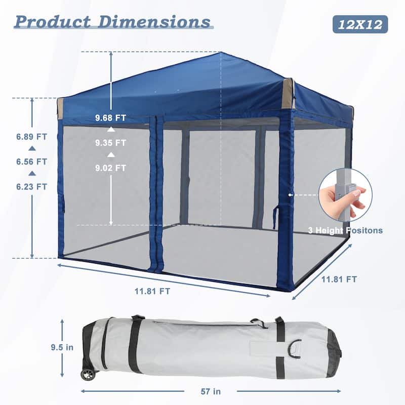 Aoodor 12'x12' Pop Up Canopy Tent with Removable Mesh Sidewalls, Portable Instant Shade Canopy with Roller Bag