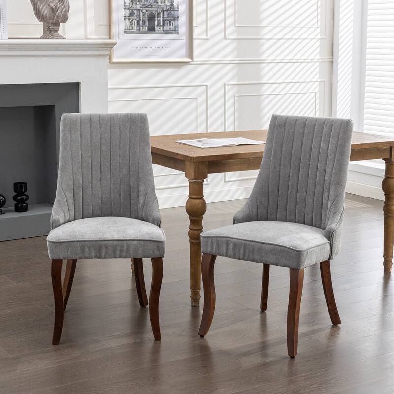 Comfy Linen Upholstered Dining Chairs Set of 2 with Curved Solid Wood Legs for Dining Room - Grey
