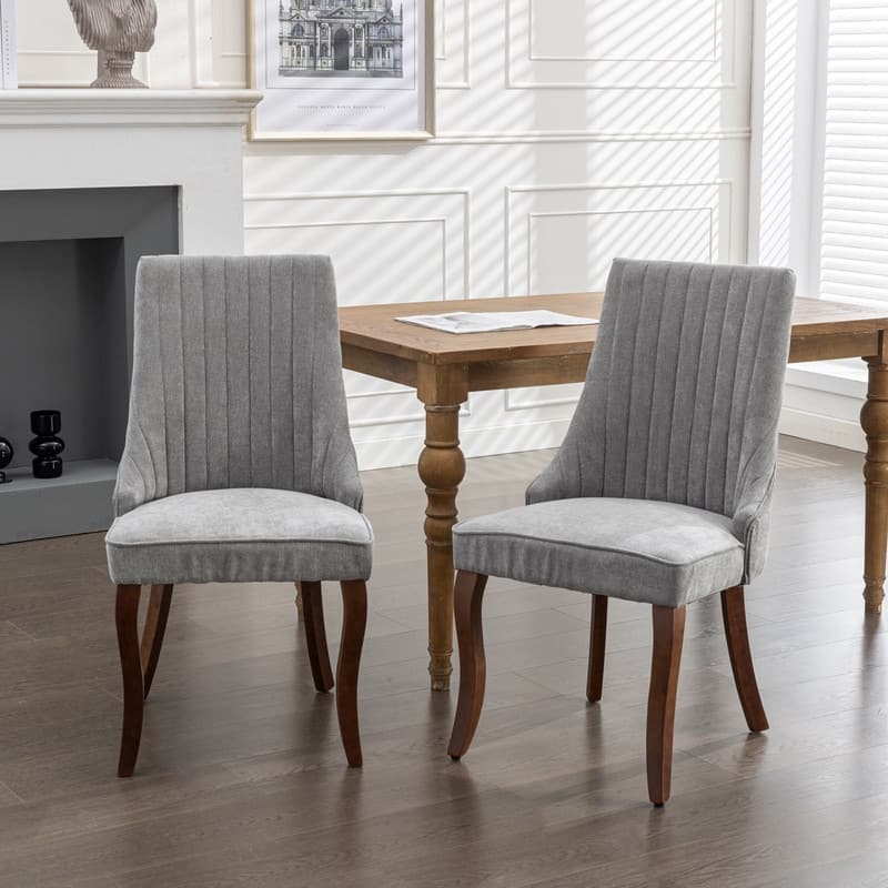 Linen Upholstered Dining Chairs with Curved Solid Wood Legs,Set of 2