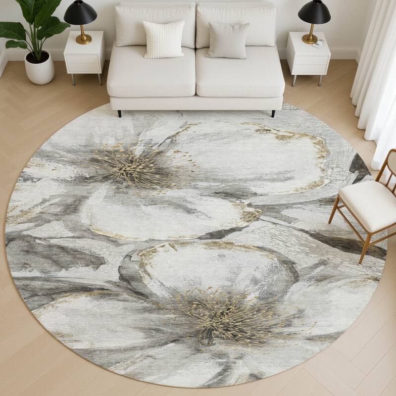 Premium Washable Super Soft Modern Floral Mayfield Rug - Silver - 8' x 8'