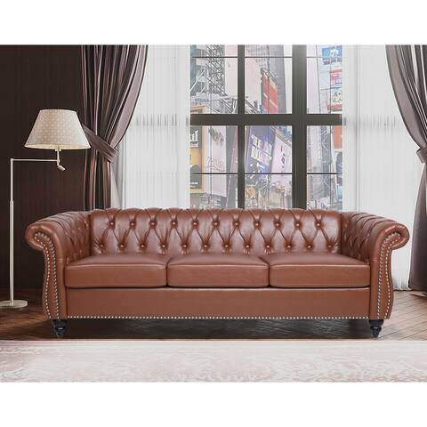 Three Seater Sofa Living Room PU Rolled Arm Flared Arm Sofa Home Furniture with Inlaid Rivet Decoration and Solid Wood Legs