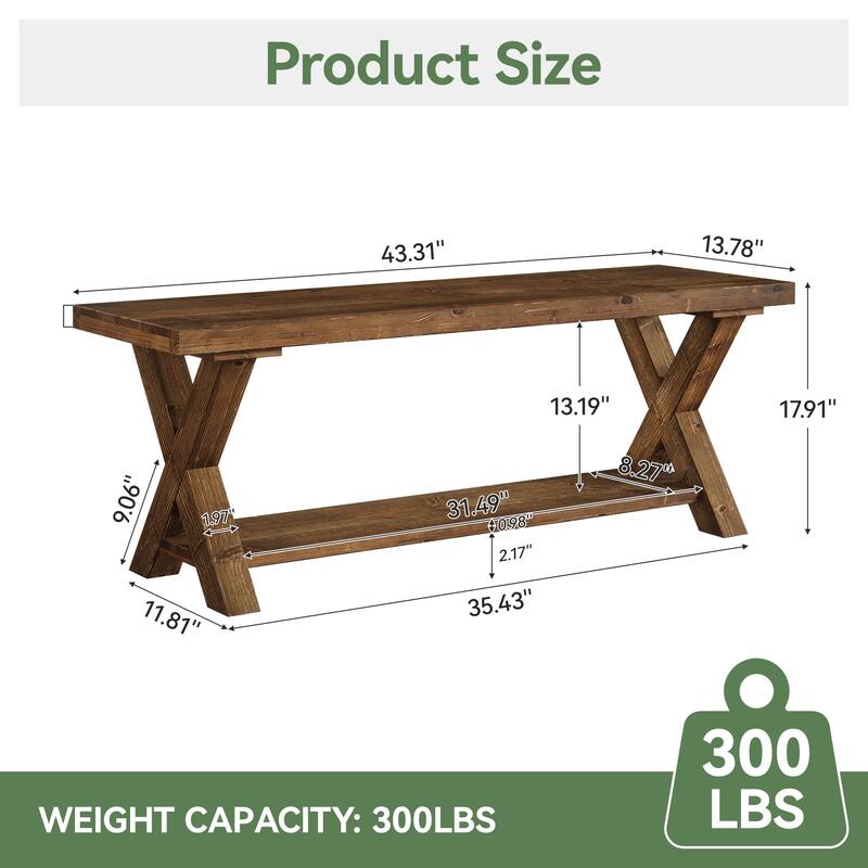 43.3 Inch Farmhouse Solid Wood Entryway Shoe Bench