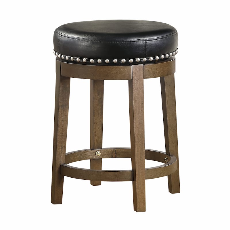 Bara 25 Inch Swivel Counter Stool, Black Round Faux Leather, Brown Wood