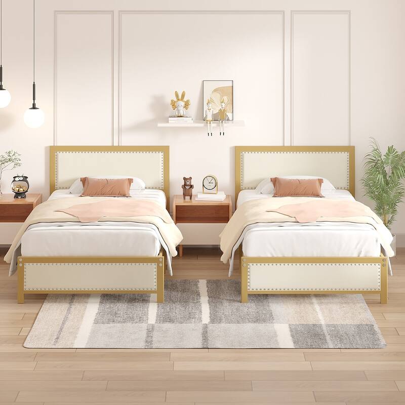 Metal Bed Frame with Linen Upholstered Nailhead Headboard, Platform Bed with 12.6" Under Bed Storage, No Box Spring Needed