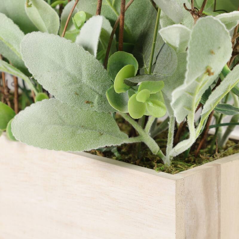 12" Green and Beige Lambs Ear Faux Plant Arrangement in a Wooden Planter