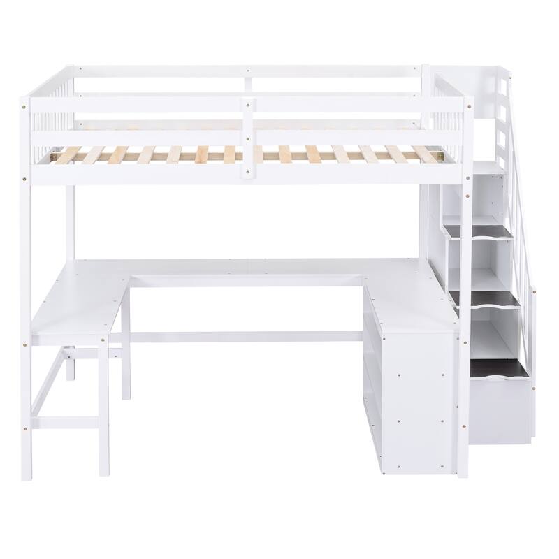 Full Size Loft Bed with Built-in L-Shaped Desk & Three-Tier Storage Shelves & Attached Storage Staircase, White