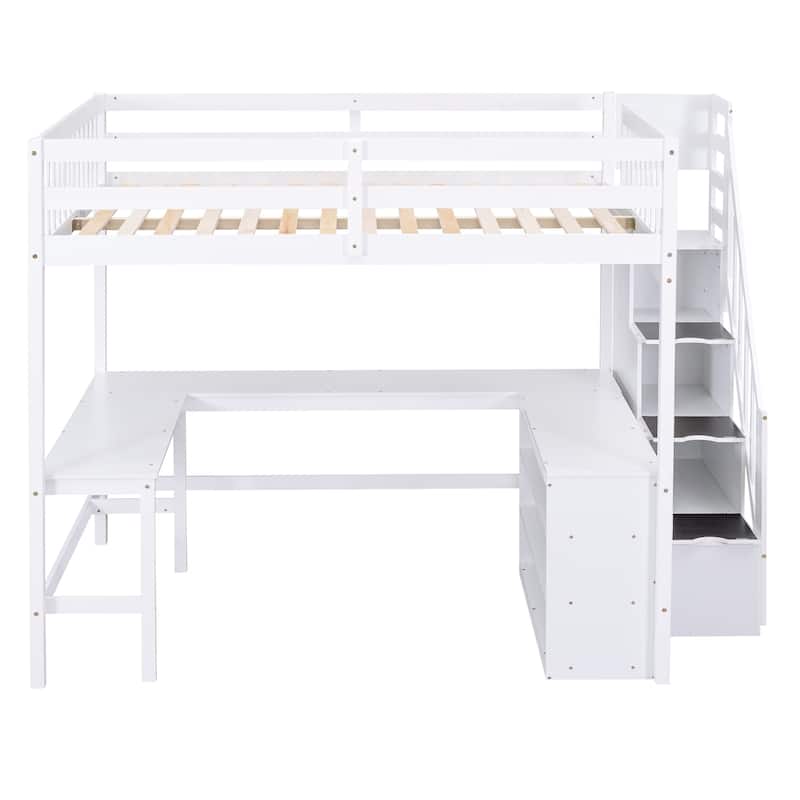 Full Size Pine Wood Loft Bed with L-Shaped Desk and Storage