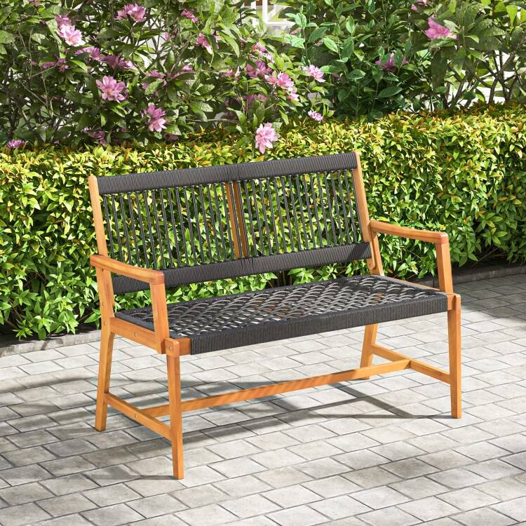 Outdoor Acacia Wood Bench with Backrest and Armrests - 46" x 25" x 35"(L x W x H)