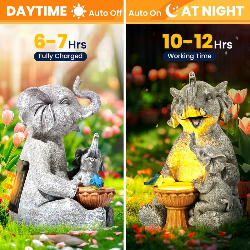 Solar Elephant Bird Bath for Outdoor Garden Decor with LED Lights - 6 in. x 6 in. x 9 in.