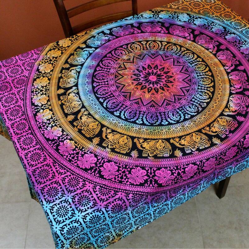 Cotton Elephant Floral Paisley Tablecloth 60x90 Blue Pink Black White - 55 x 85 inches