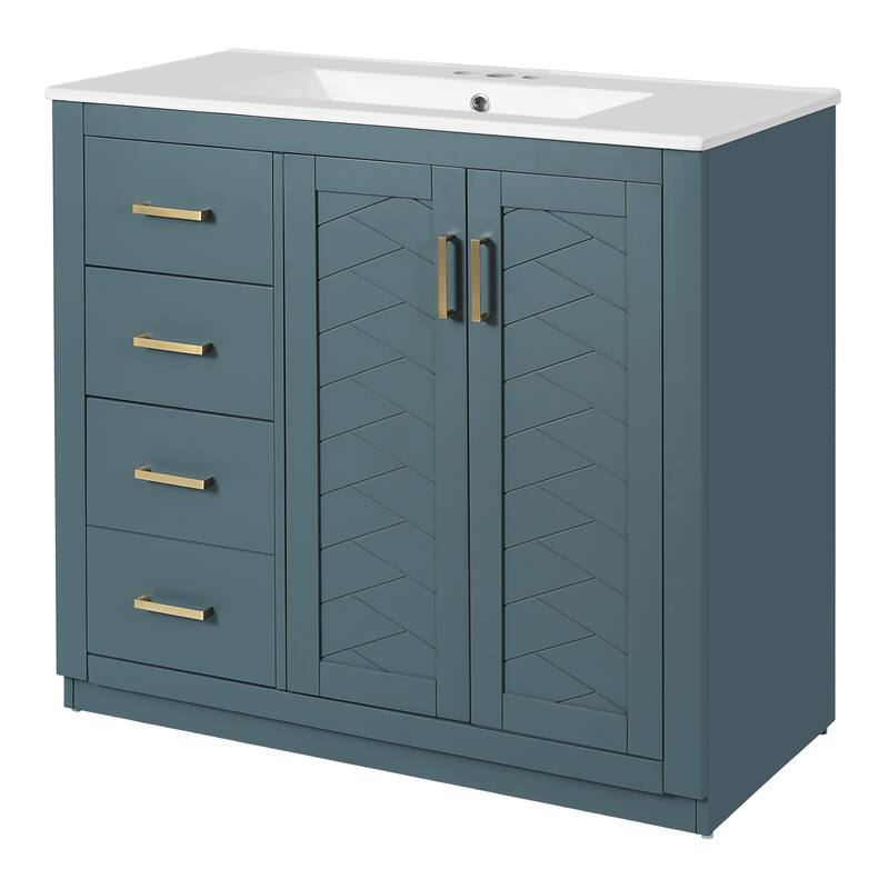 36" Wood Bathroom Vanity w/ Ceramic Sink,3 Drawers,Soft Closing Doors