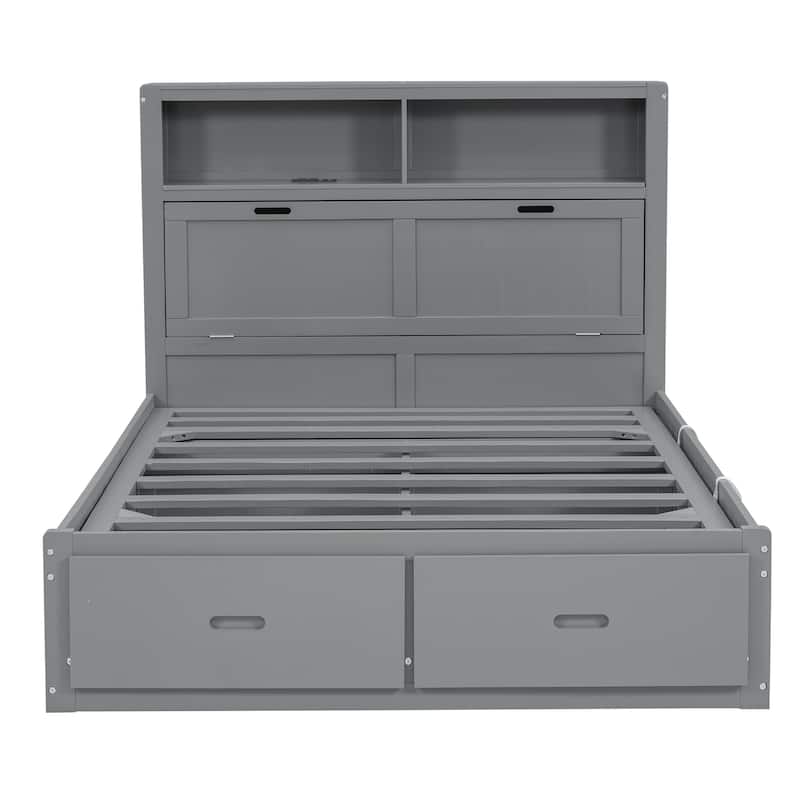 Gray Queen Size Wooden Bed with LED Storage Headboard, Charging Station, and 2 Drawers